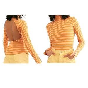 Free People Top Small 4 6 Orange Stripe Open Back Ribbed Mock Neck Stretch NWT